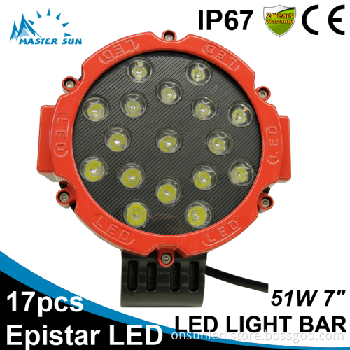 Waterproof Red 7inch 51w led tractor work light car led light bar off road led light bar